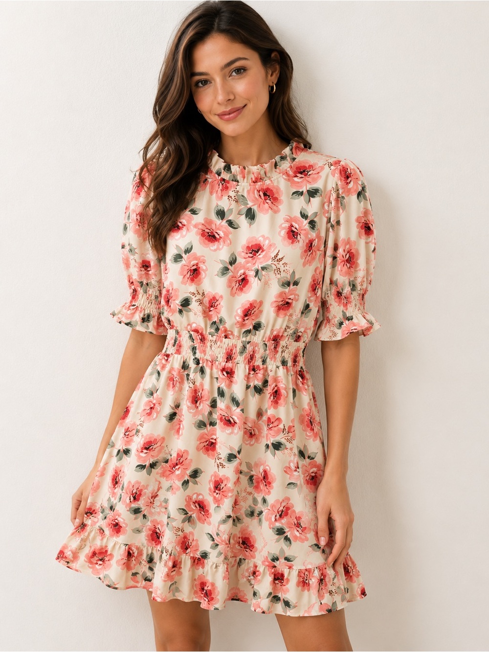 GALI Floral Smocked Mini Dress – Cream Pink Rose Print – Size Small